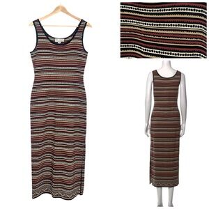 St. John Vintage Sculpted Knit Striped Midi Dress Scoop-Neck Multi Colored Sz. 4